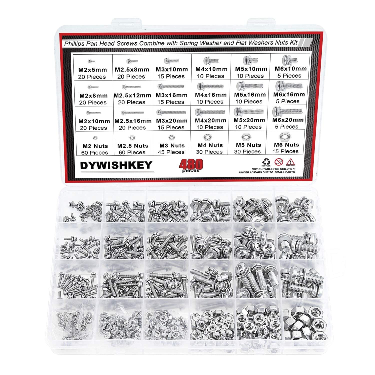 Dywishkey 480 Pcs M2 M2.5 M3 M4 M5 M6, 304 Stainless Steel Phillips Pan ... - $32.94
