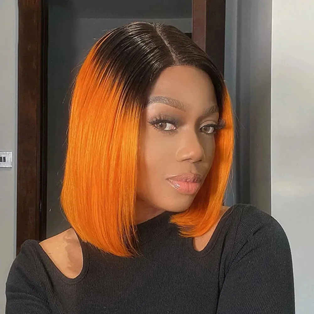 Straight Bob Wigs Orange Omber Color Lace Closure Human Hair For Women Blon - £50.03 GBP+