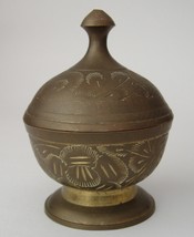 Brass Jar Bowl With Lid Flower Saudi Arabia Engraved Trinket Holder Footed - £14.08 GBP