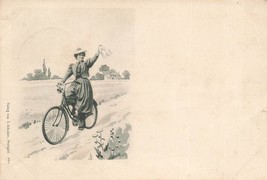 Woman Rides Bicycle Waving HANDKERCHIEF~1898 Schaller German Postcard - £9.48 GBP