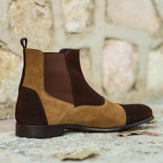 Two Tone Chelsea Beige Brown High Ankle Cap Toe Vintage Leather Boots US 7-16