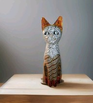 Vintage Carved Wood Cat Statue Mixed Media w/Fabric Decoupage &amp; Crackle ... - $15.00