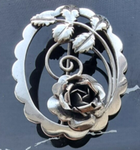 ANTIQUE 925 STERLING SILVER ROSE BROOCHE - $55.17