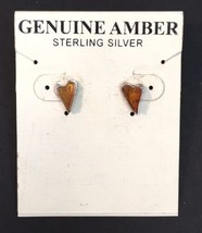 Genuine Amber &amp; Sterling Silver Heart Shaped Stud Post Earrings - £16.03 GBP