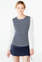 Lands End Women&#39;s Swim Tee Rash Guard - Deep Sea Ringer Stripe New - £26.27 GBP