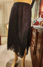Vtg Adonna Sz 1X Silky Black Nylon &amp; Lace Half Slip Long Skirt Slit - $19.79