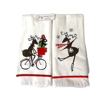 Peppermint Square Deer Kitchen Towels Ice Skating Bicycle 2pc Christmas ... - $14.19