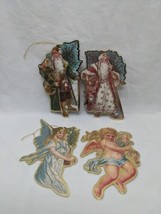Lot Of (4) Vintage Christmas Foil Diecut Santa Clause And Angel Ornaments 5&quot; - £31.10 GBP