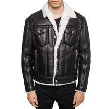 Black Luxurious Designer Leather Jacket w/ Shearling Collar  - £125.76 GBP