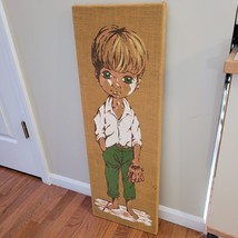 1962 Richter Artcraft Big Eyed Boy Baseball Framed Picture Burlap Mid Ce... - $129.95