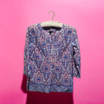 Talbots Blouse Peasant Womens Sz Med Blue Pink White Geometric 3/4 Sleeve Cotton - $29.65