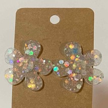 Handmade epoxy resin large flower earrings - translucent holographic gli... - $8.91