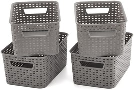 Pack Of 4 Small Gray Plastic Woven Knit Baskets, 11 X 7 Point 3 X 5, By Ezoware. - $44.97