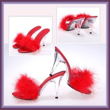 Fluffy Red Marabou Feather Clear Crystal High Heel Mule Platform Slides