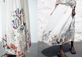 Zara Soldout MID-WAIST Smocked Sea Motif Embroidered Long Skirt In Xs - £77.77 GBP