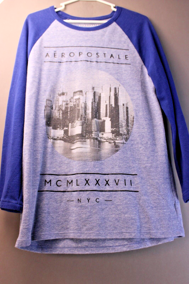 Aeropostale Shirt Mens size Large Tee Blue Gray NYC New York City Long Sleeve - £6.06 GBP