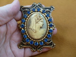 CL22-28) ELEGANT Lady Mantilla woman ivory + gray oval CAMEO blue Pin Pendant - £32.12 GBP