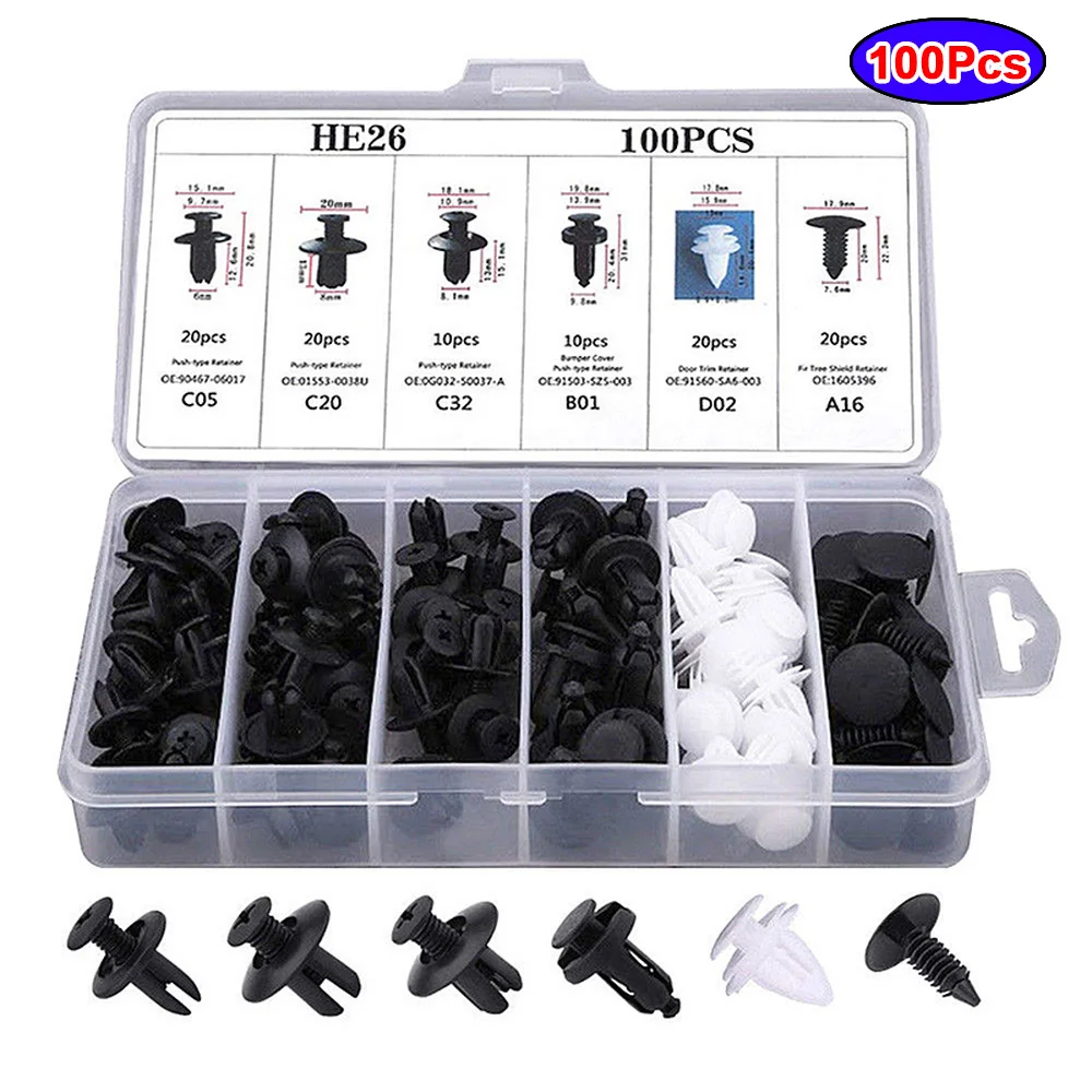 100pcs Auto Fastener Clip Kit 6 Size Fender Rivet Clips Car Body Retainer Pin - £9.78 GBP+