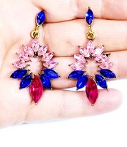 Bridesmaid Drop Earrings, Rhinestone Crystal Earrings, 2.2 inch Pink Blue Chande - £26.83 GBP