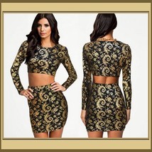 Long Sleeve Body Con Mini Skirt & Top Set Gold and Black Geo Print