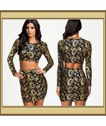 Long Sleeve Body Con Mini Skirt & Top Set Gold and Black Geo Print - $52.95