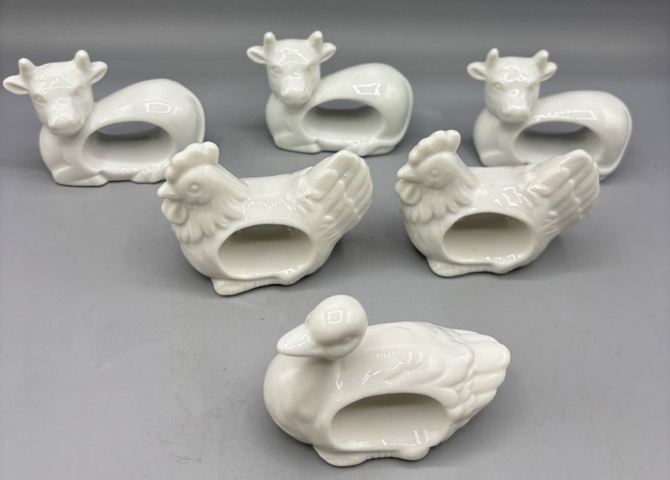 Vtg Japan Set Of 6 White Porcelain Animal Napkin Rings Duck Chicken Cow ... - $19.06