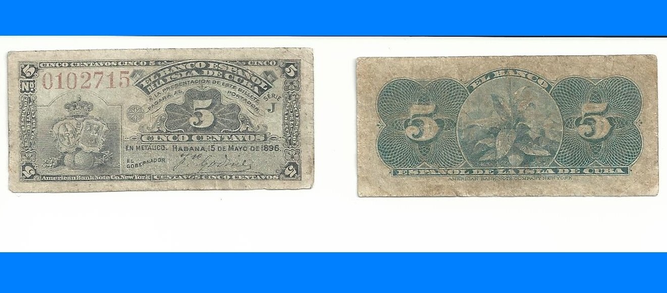 1896 5 Centavo Cuban Banknote - $6.99
