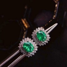 3.50Ct Oval Simulated Emerald Halo Stud Earring 14k White Gold Plated Silver - £78.88 GBP