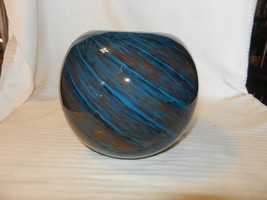 Hand Blown Glass Round Bowl Blue and Brown Swirl Pattern 6&quot; Tall - £79.64 GBP