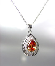 CLASSIC 18kt White Gold Plated Cable Brown Topaz CZ Tear Drop Pendant Necklace - £22.13 GBP