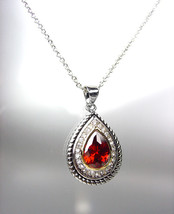 CLASSIC 18kt White Gold Plated Cable Red Garnet CZ Tear Drop Pendant Necklace - £22.13 GBP
