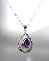 CLASSIC 18kt White Gold Plated Cable Purple Amethyst CZ Tear Pendant Necklace - £22.72 GBP