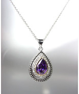 CLASSIC 18kt White Gold Plated Cable Purple Amethyst CZ Tear Pendant Nec... - £22.36 GBP
