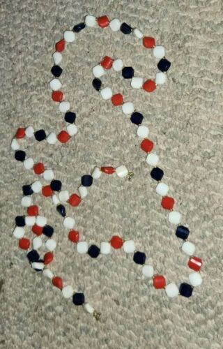 Vintage Classic Plastic Beaded Red White Blue Necklace Long - $14.99