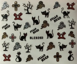 Nail Art 3D Glitter Decal Stickers Halloween Ghost Black Cat Tree Cross BLE926D - £2.80 GBP