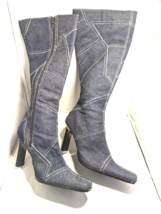 Vintage Paprika Denim Boots Y2K Knee Tall Patchwork Blue Jeans Fabric Zi... - £58.90 GBP