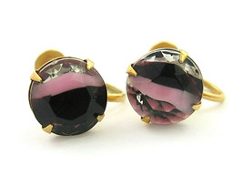 Vintage Earrings Purple &amp; Pink Stripe Clear Glass Stone Screw Back Goldtone - £15.17 GBP