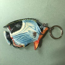 Blue Black &amp; Orange Painted Wood Ocean Fish Key Chain or Backpack Decora... - £9.02 GBP