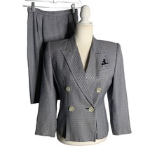 Vintage 90s Kasper Skirt Suit Set 2 Blue Houndstooth Lined Buttons Shoul... - £55.22 GBP