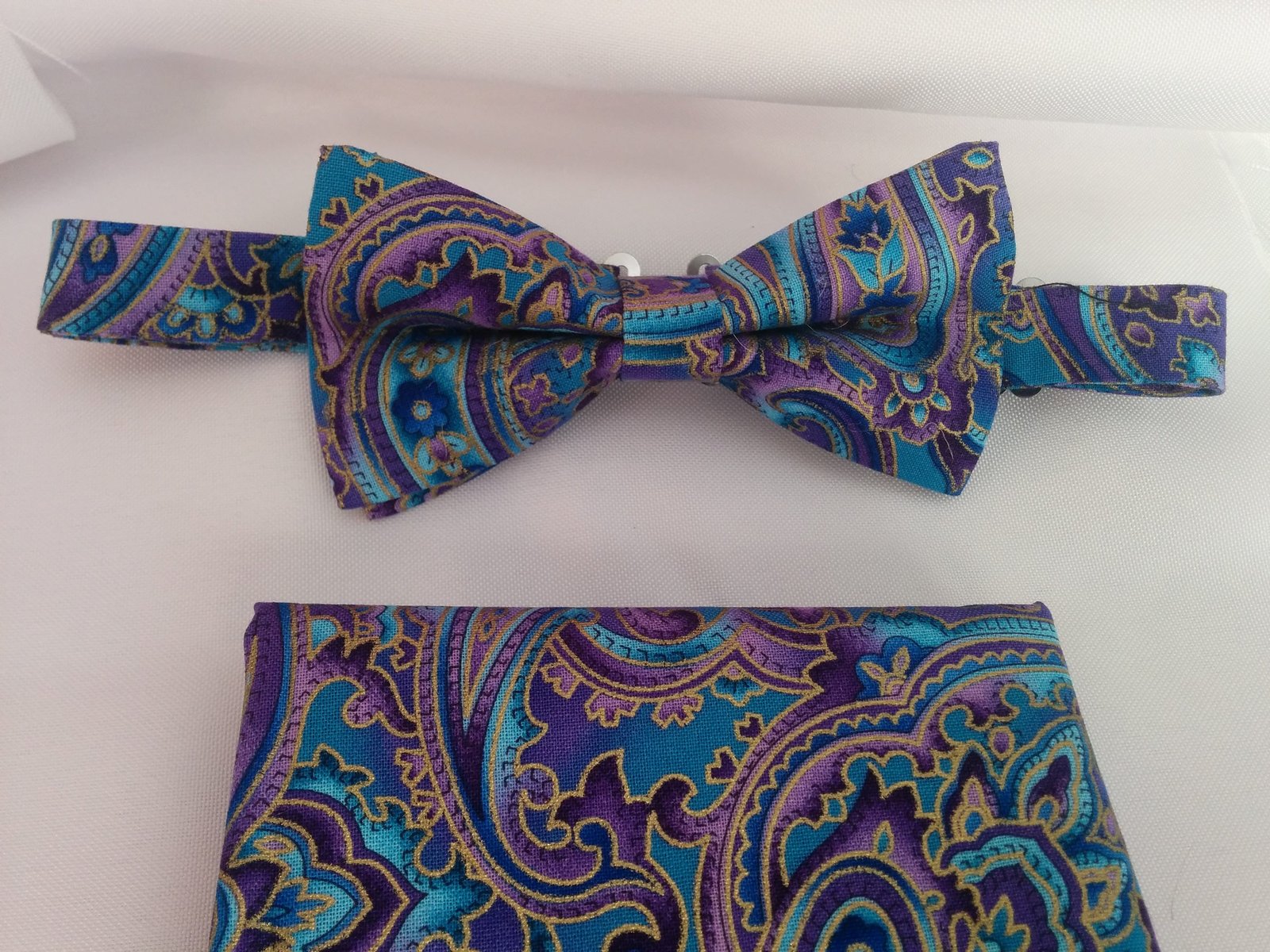 PURPLE BLUE PAISLEY Bowtie, or Hanky, Boys,  Men, purple, blue,  metalli... - $11.50
