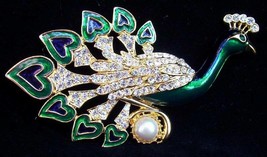 Peacock Rhinestone Enamel Brooch Pin Huge Bird Retro - £70.22 GBP