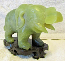 Chinese Antique Green Jade Elephant Hand-Carved on Rosewood Stand 3.5&quot; Tall  - £62.51 GBP