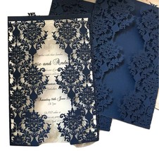 50pieces Dark Navy Blue Laser Cut Wedding Cards,Flower Branch Style Wedding Invi - £51.96 GBP