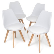 Set of 4 Modern Mid-Century Style White PU Leather Dining Chairs with Wood Legs - £173.43 GBP