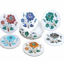 White Marble Coaster Set Semiprecious Inlay Stone Handmade Work Home Decorative - £191.50 GBP