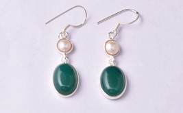 925 Sterling Silver Green Onyx &amp; Pearl Gems Handmade Earring Her Party Wear Gift - £27.86 GBP