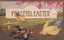 Peaceful Easter Postcard Rooster Fight Hen Sitting on Fence - £2.38 GBP