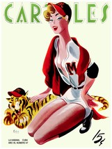 7763.Retro Woman in basecall uniform.Tiger mascot.POSTER.art wall decor - £13.74 GBP+