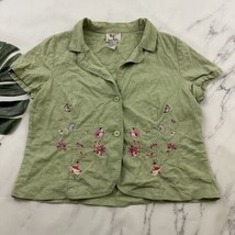 Ease Sport Womens Vintage Embroidered Top Size 12 Sage Green Floral Butt... - $28.70