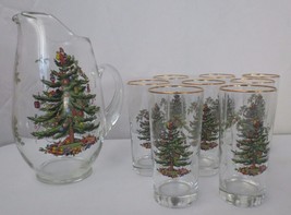 8 Spode Christmas Tree Glasses/Tumblers and 2 1/2 Quart Glass Pitcher - $80.00